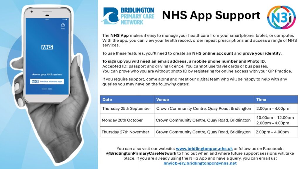 NHS App Support poster. Contact the PCN for details of upcoming sessions.